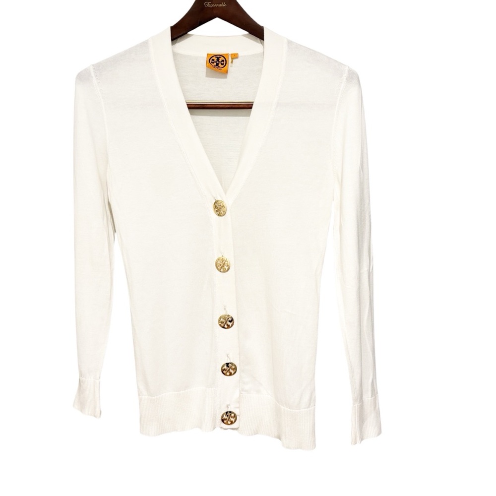 Tory Burch Women Size S White Long Sleeves Cardigan with Gold Buttons
